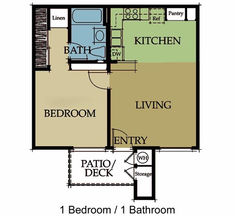 Floor plan for 1 bed, 1 bath, 579 sqft